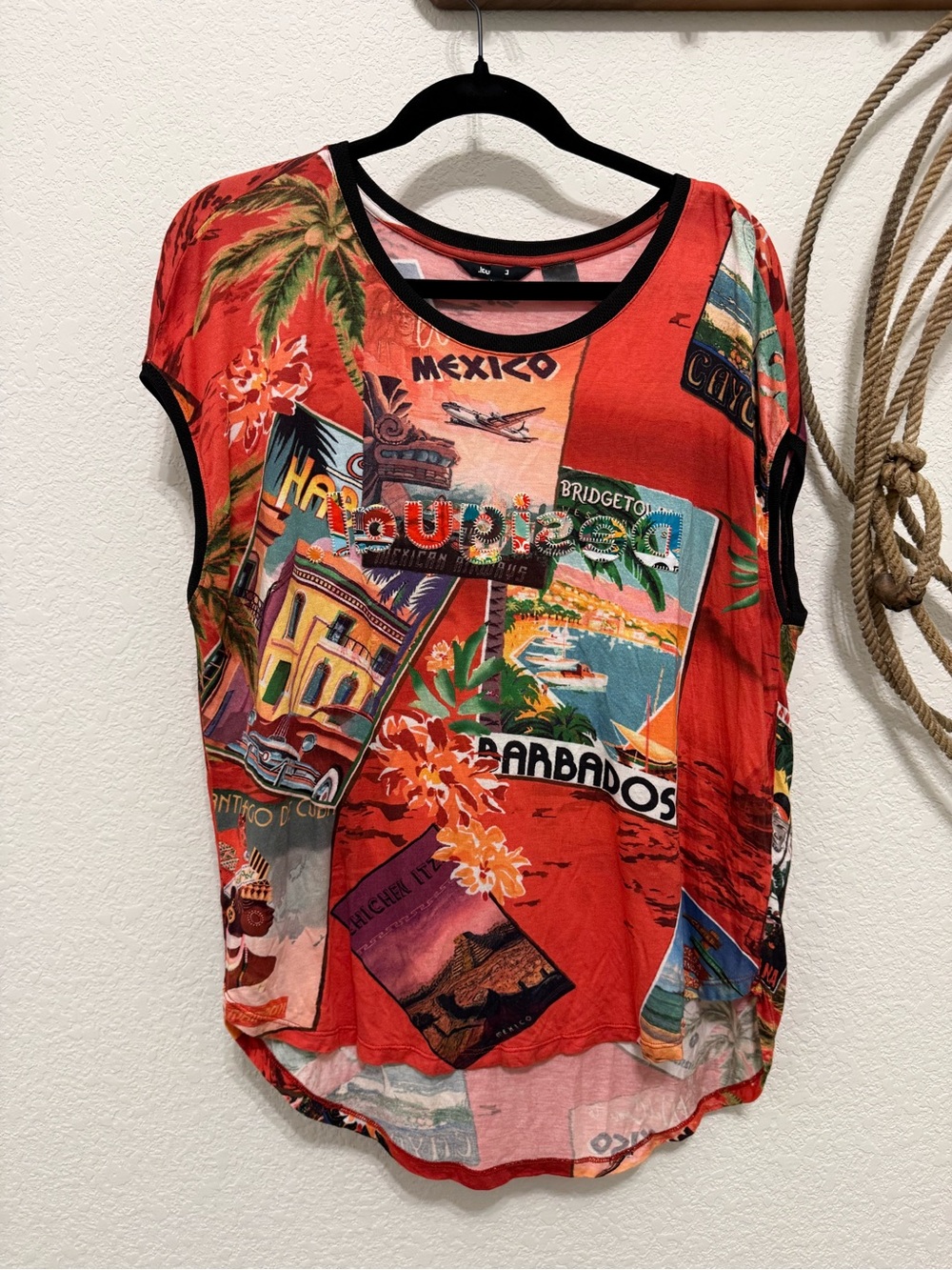 Desigual Vintage Travel Postcard Embroidered Top XXL | Mexico Havana Barbados